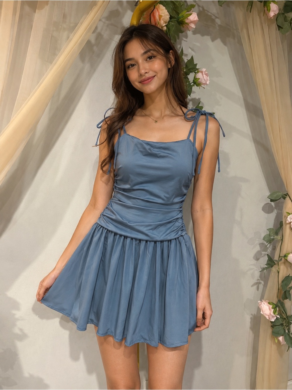 NWT Blue Ruched Tie Strap Mini Dress Size M Sleeveless Fit & Flare